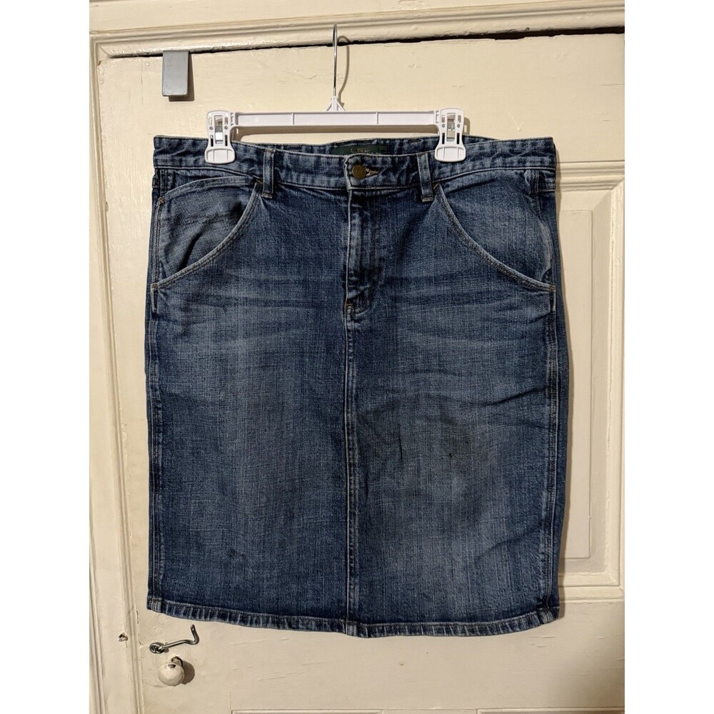 Ralph Lauren LRL Denim Midi Skirt Size 14 Blue Jean Y2K Long Pocket Stretch